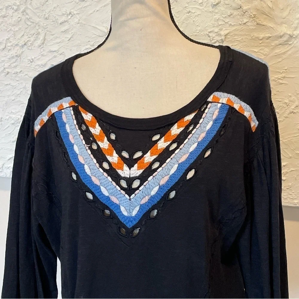 Free People Hand Me Down Embroidered Linen Blouse Cropped Top Black Sz S